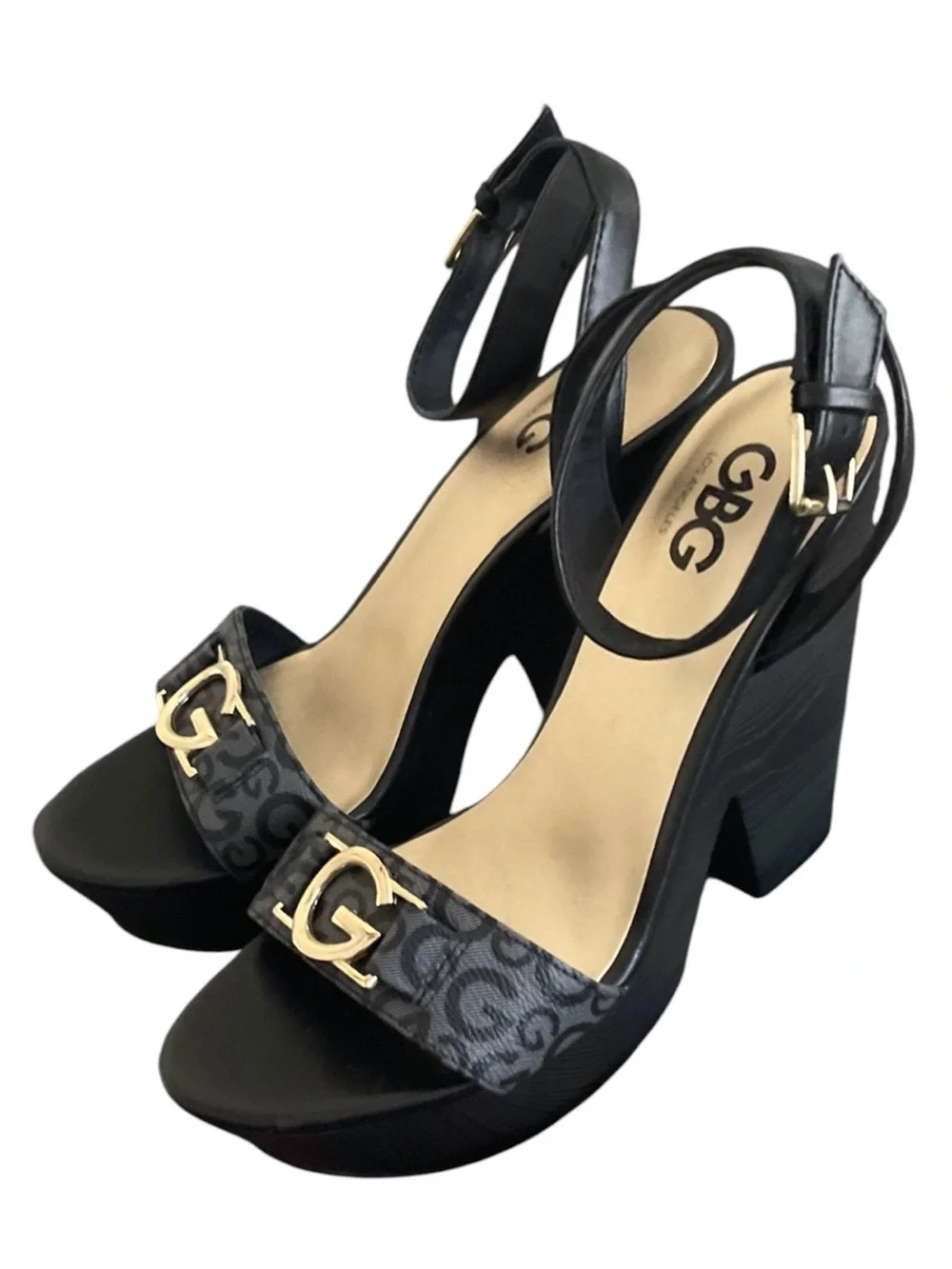 GBG LOS ANGELES GUESS Selah Womens Platform Block Heel Sandal Black Monogram 8